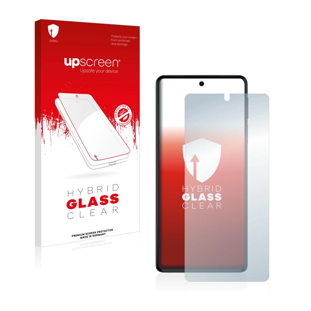 Face avant d’un emballage produit avec le logo de la marque upscreen. À côté, l’appareil Motorola Edge 30 Pro est représenté a