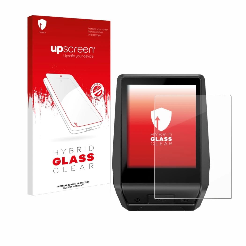 Face avant d’un emballage produit avec le logo de la marque upscreen. À côté, l’appareil Bosch Nyon 2 2021 est représenté avec