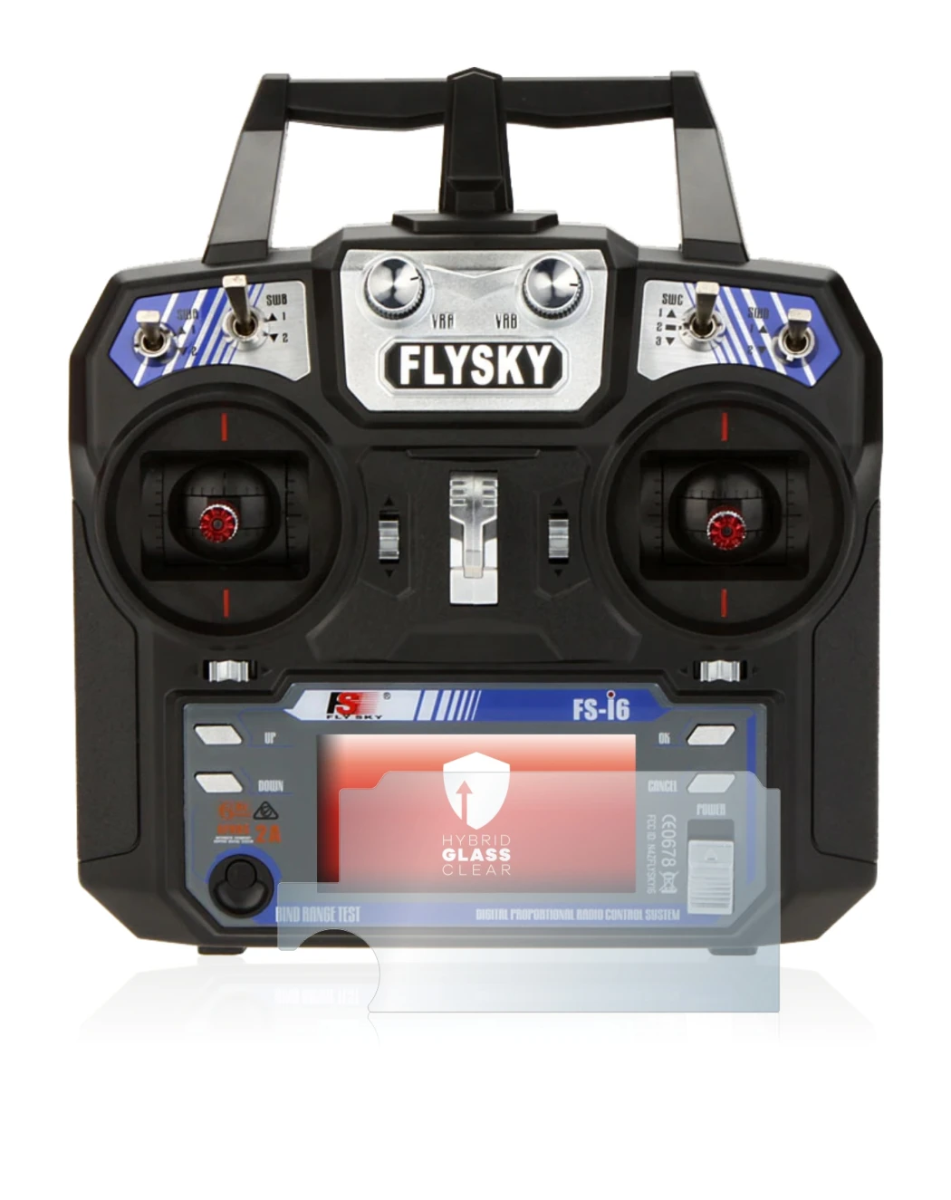 Image de l'appareil FlySky FS-i6 avec une grande variété de protections d'écran.