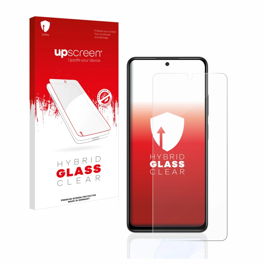Face avant d’un emballage produit avec le logo de la marque upscreen. À côté, l’appareil Xiaomi Redmi Note 11 Pro 5G est repré