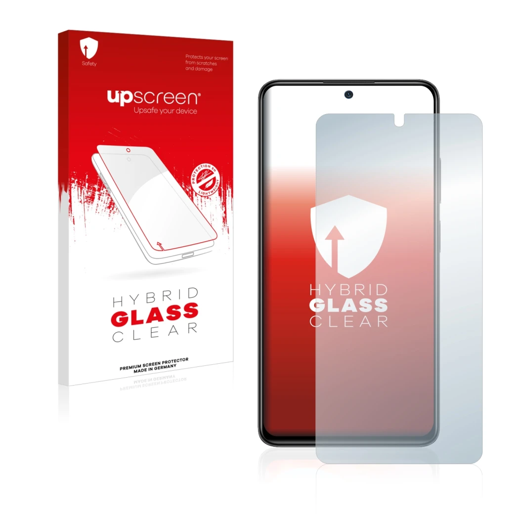 Face avant d’un emballage produit avec le logo de la marque upscreen. À côté, l’appareil Xiaomi Redmi Note 11 Pro est représen