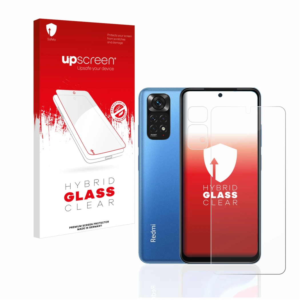 Face avant d’un emballage produit avec le logo de la marque upscreen. À côté, l’appareil Xiaomi Redmi Note 11 (Avant+Caméra) e