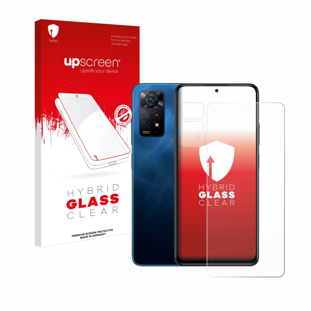 Face avant d’un emballage produit avec le logo de la marque upscreen. À côté, l’appareil Xiaomi Redmi Note 11 Pro 5G (Avant+Ca