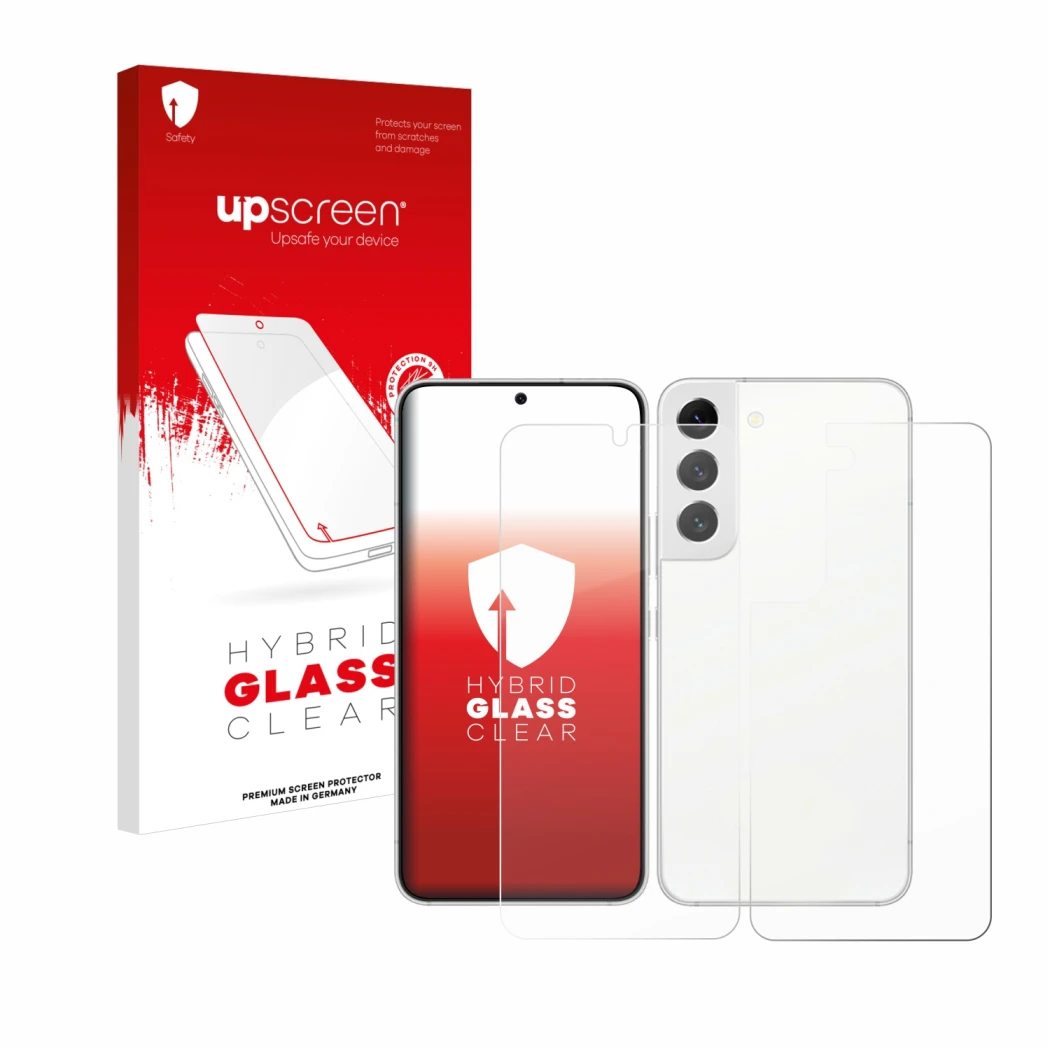 Face avant d’un emballage produit avec le logo de la marque upscreen. À côté, l’appareil Samsung Galaxy S22 5G (Avant+Arrière)