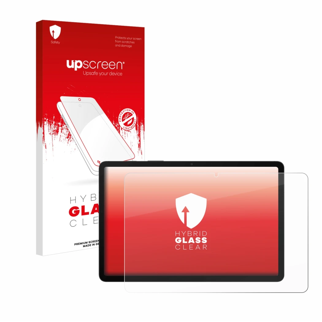 Face avant d’un emballage produit avec le logo de la marque upscreen. À côté, l’appareil Samsung Galaxy Tab S8 5G est représen