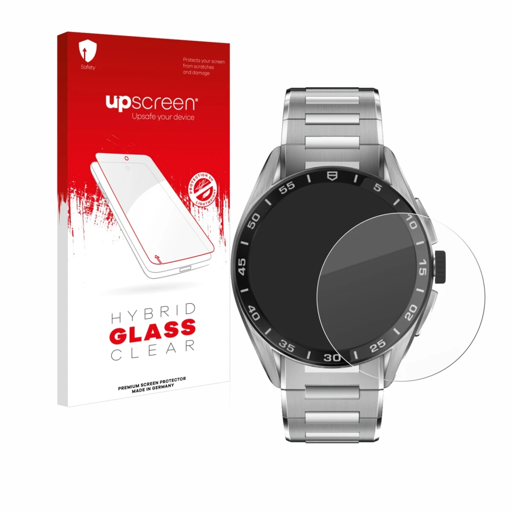 Face avant d’un emballage produit avec le logo de la marque upscreen. À côté, l’appareil TAG Heuer Connected Calibre E4 (45 mm