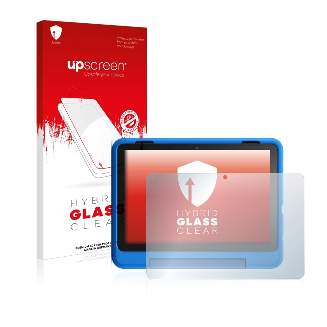 Face avant d’un emballage produit avec le logo de la marque upscreen. À côté, l’appareil Amazon Fire HD 8 Kids Pro Edition 202