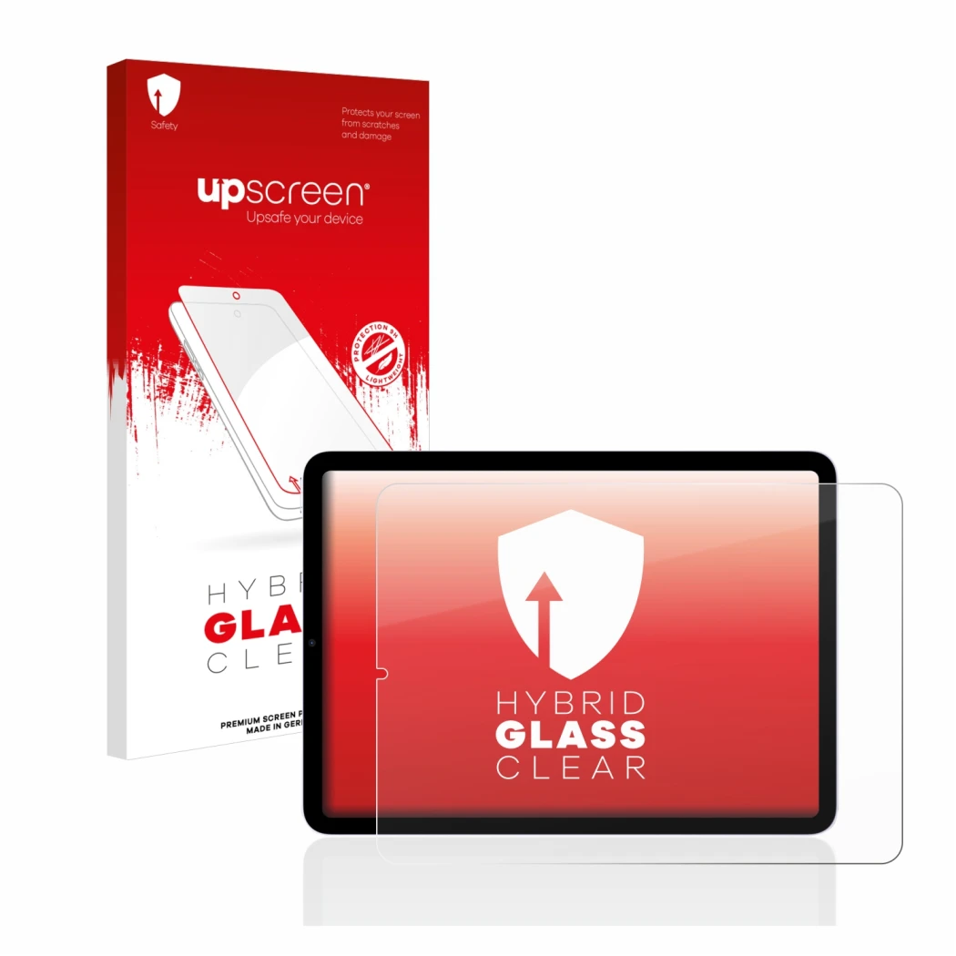 Face avant d’un emballage produit avec le logo de la marque upscreen. À côté, l’appareil Apple iPad Air 5 2022 (5ème Gen.) est