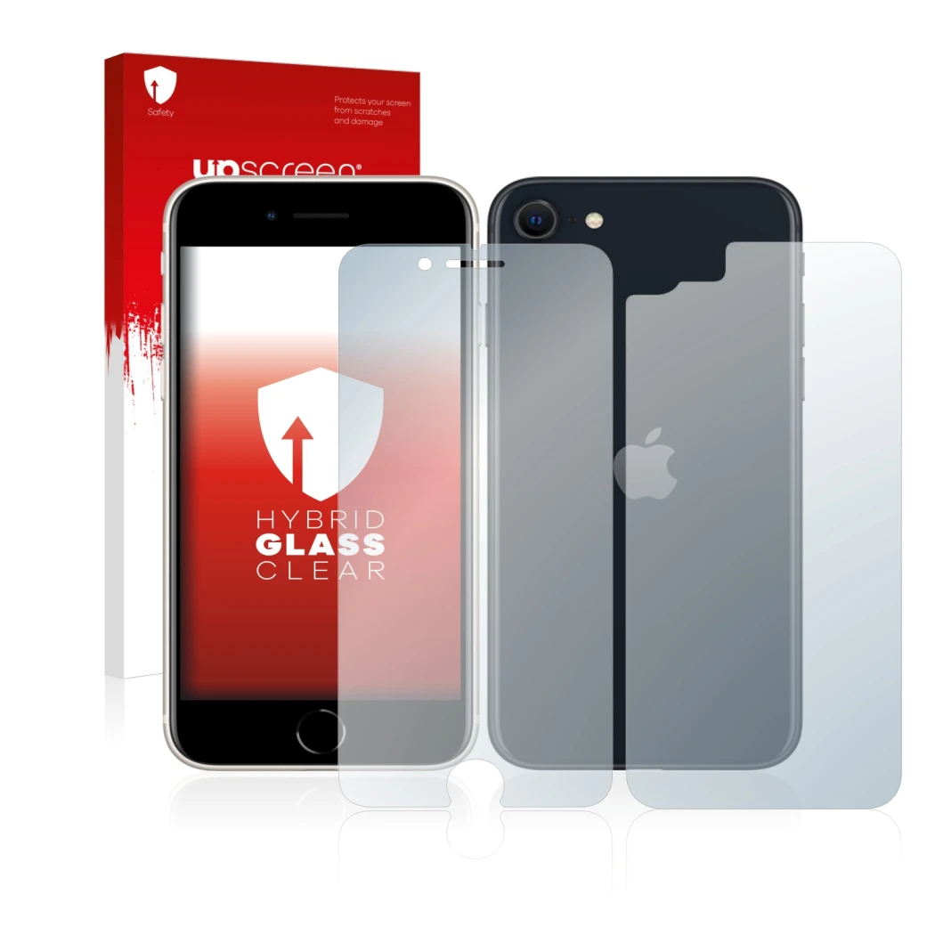 Face avant d’un emballage produit avec le logo de la marque upscreen. À côté, l’appareil Apple iPhone SE 3 2022 (Avant+Arrière
