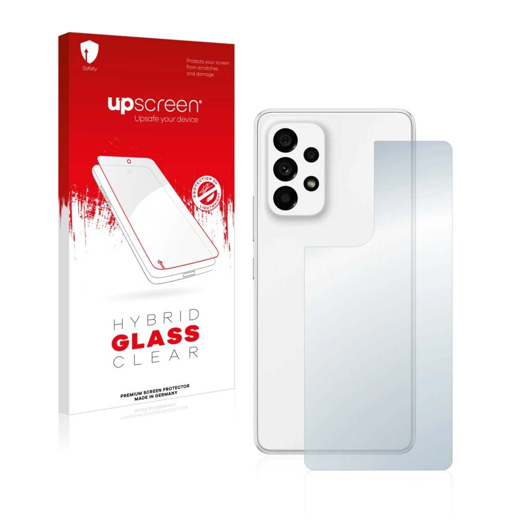 Face avant d’un emballage produit avec le logo de la marque upscreen. À côté, l’appareil Samsung Galaxy A53 5G (Arrière) est r