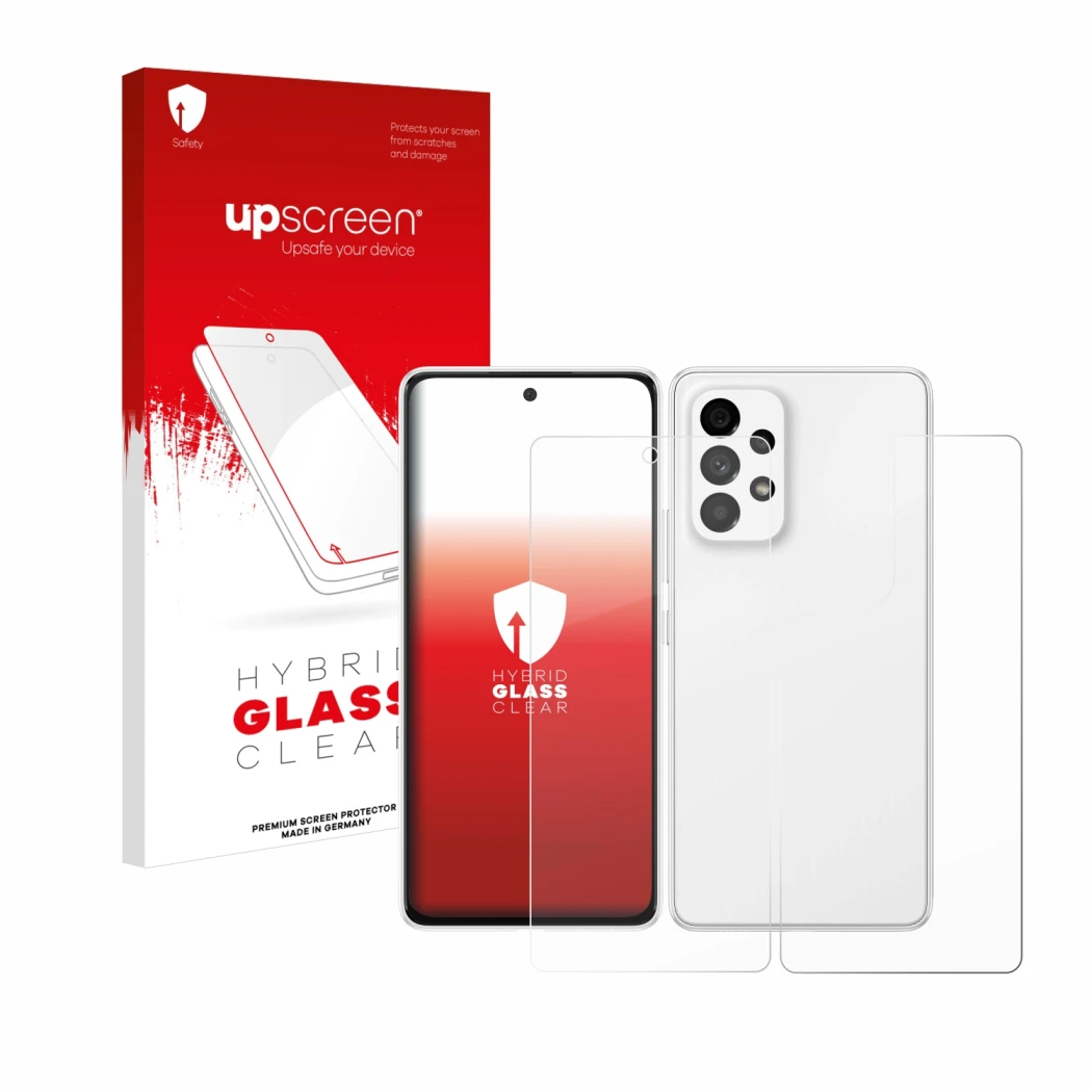 Face avant d’un emballage produit avec le logo de la marque upscreen. À côté, l’appareil Samsung Galaxy A53 5G (Avant+Arrière)