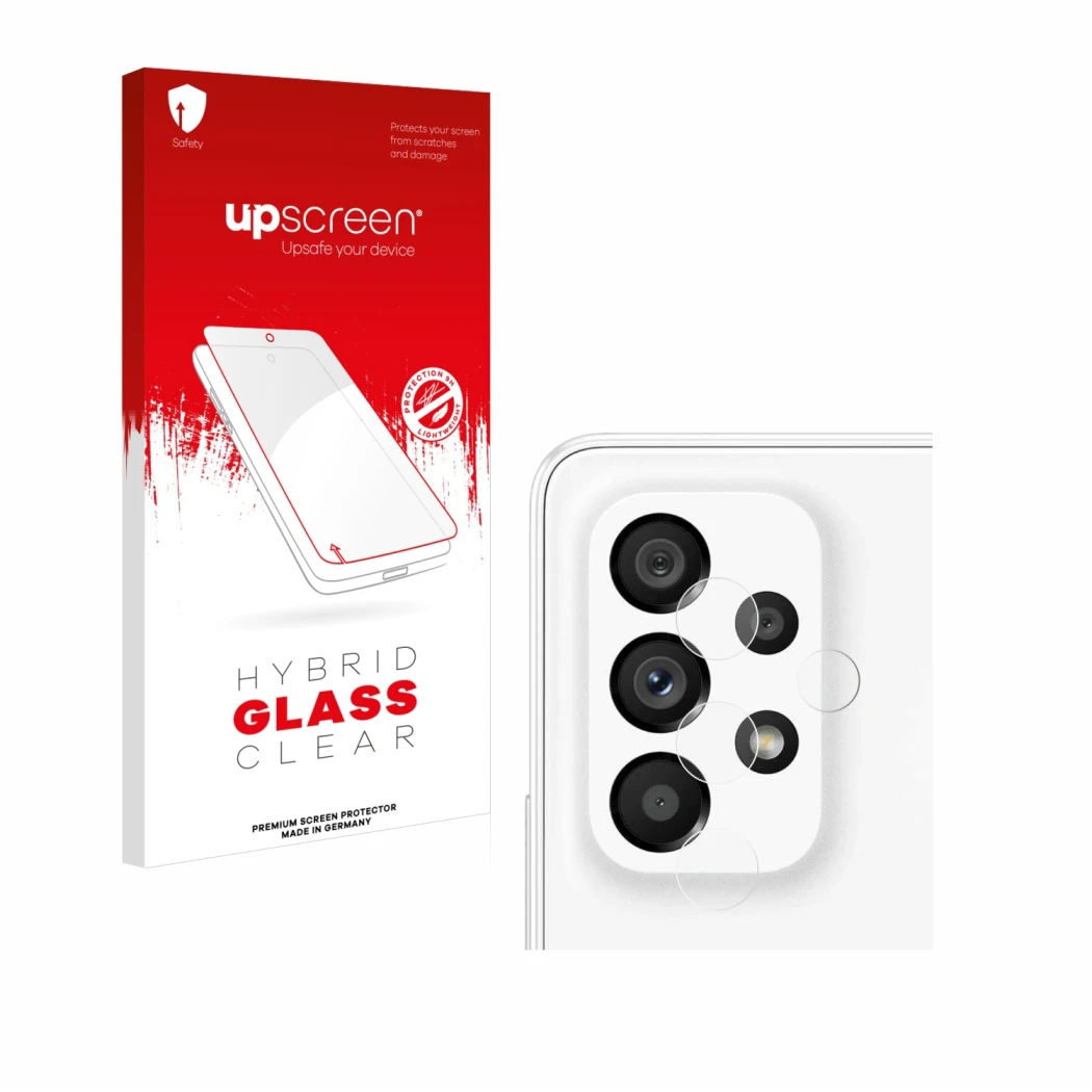 Face avant d’un emballage produit avec le logo de la marque upscreen. À côté, l’appareil Samsung Galaxy A53 5G (Caméra UNIQUEM