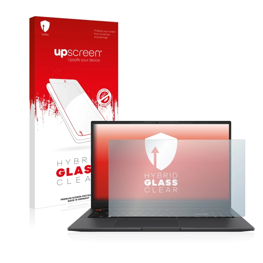Face avant d’un emballage produit avec le logo de la marque upscreen. À côté, l’appareil ASUS VivoBook S 15 OLED est représent