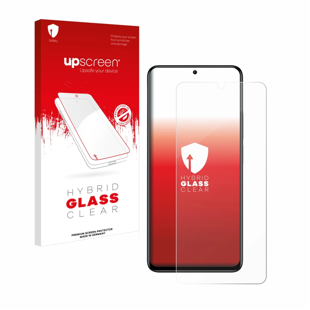 Face avant d’un emballage produit avec le logo de la marque upscreen. À côté, l’appareil Xiaomi Redmi Note 11 Pro+ 5G est repr