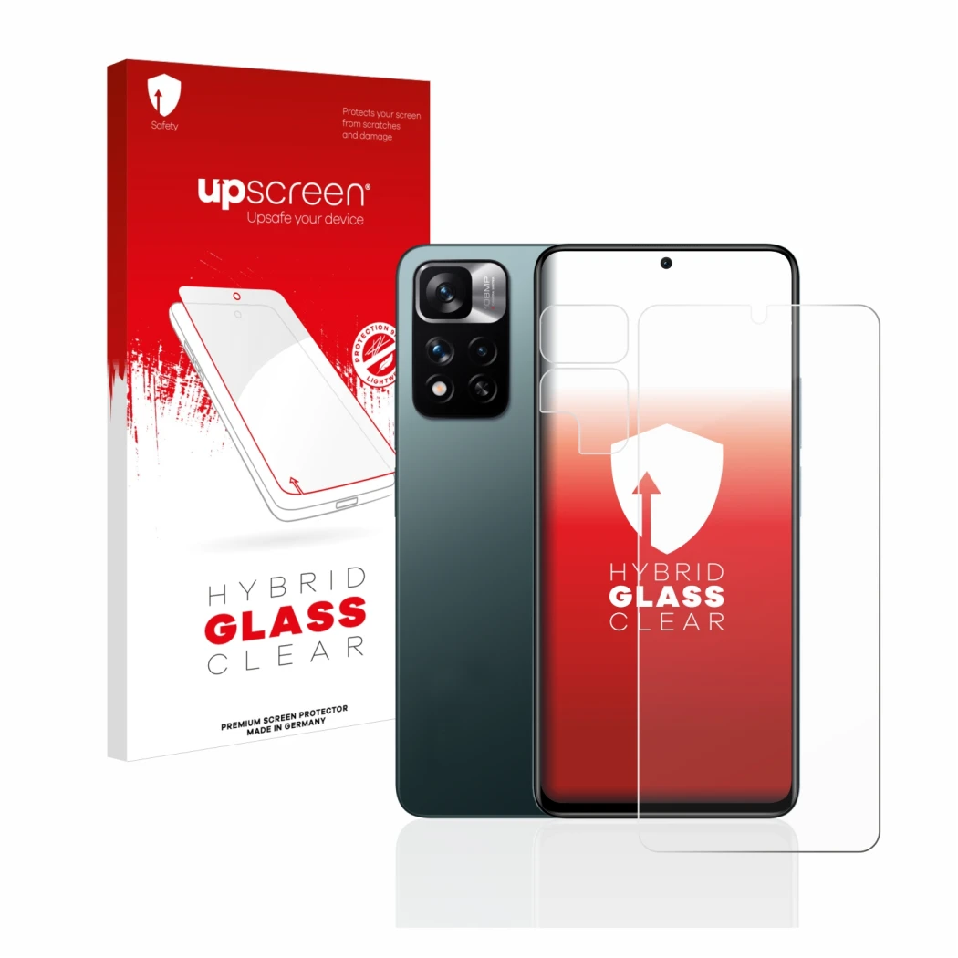 Face avant d’un emballage produit avec le logo de la marque upscreen. À côté, l’appareil Xiaomi Redmi Note 11 Pro+ 5G (Avant+C