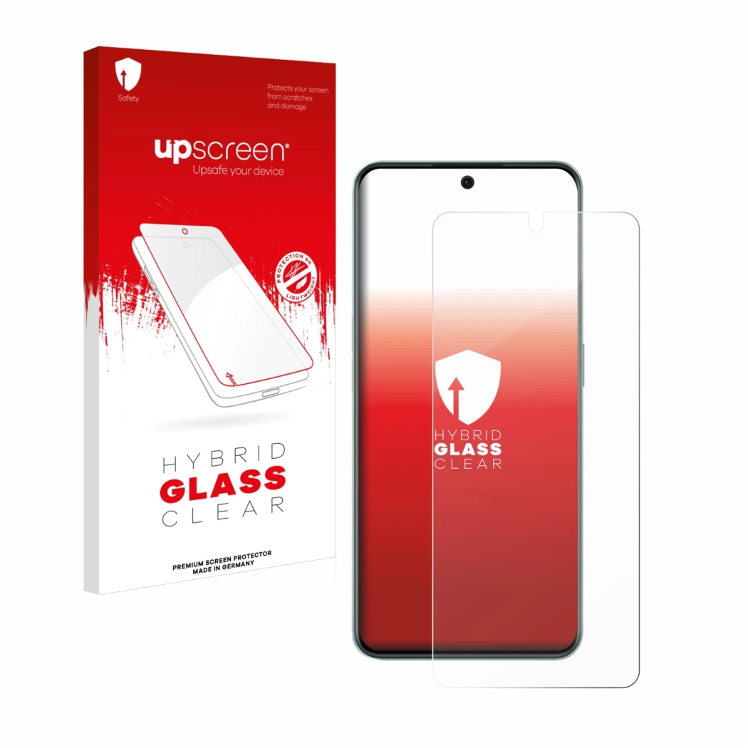 Face avant d’un emballage produit avec le logo de la marque upscreen. À côté, l’appareil OnePlus 10R est représenté avec la pr