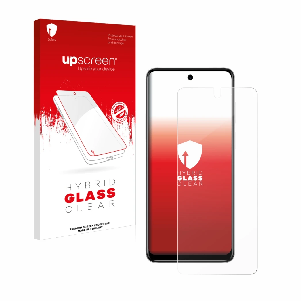 Face avant d’un emballage produit avec le logo de la marque upscreen. À côté, l’appareil Motorola Moto E32 est représenté avec