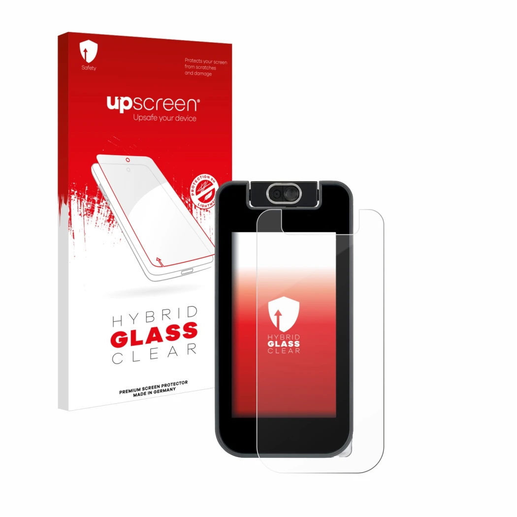 Face avant d’un emballage produit avec le logo de la marque upscreen. À côté, l’appareil Vtech KidiBuzz 3 est représenté avec