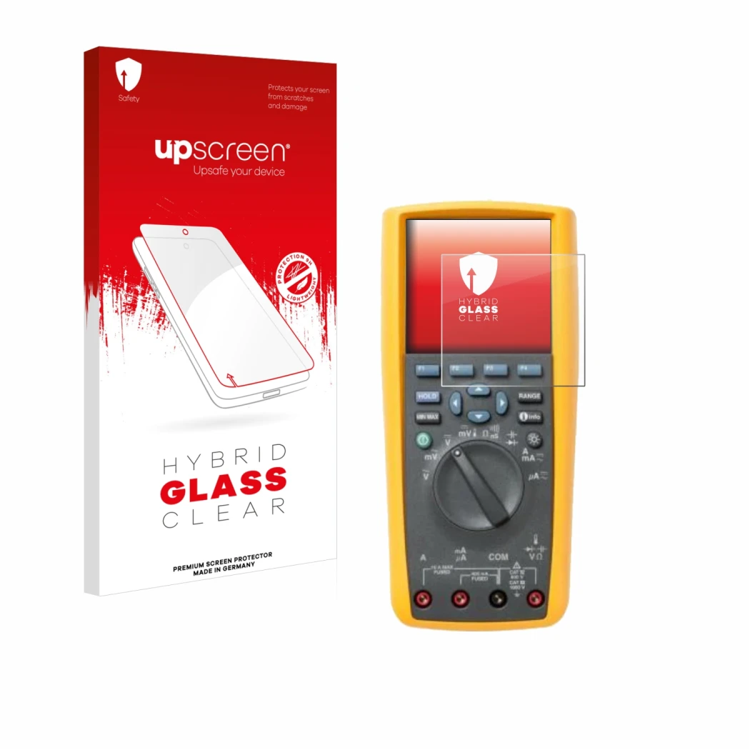 Face avant d’un emballage produit avec le logo de la marque upscreen. À côté, l’appareil Fluke 287 est représenté avec la prot