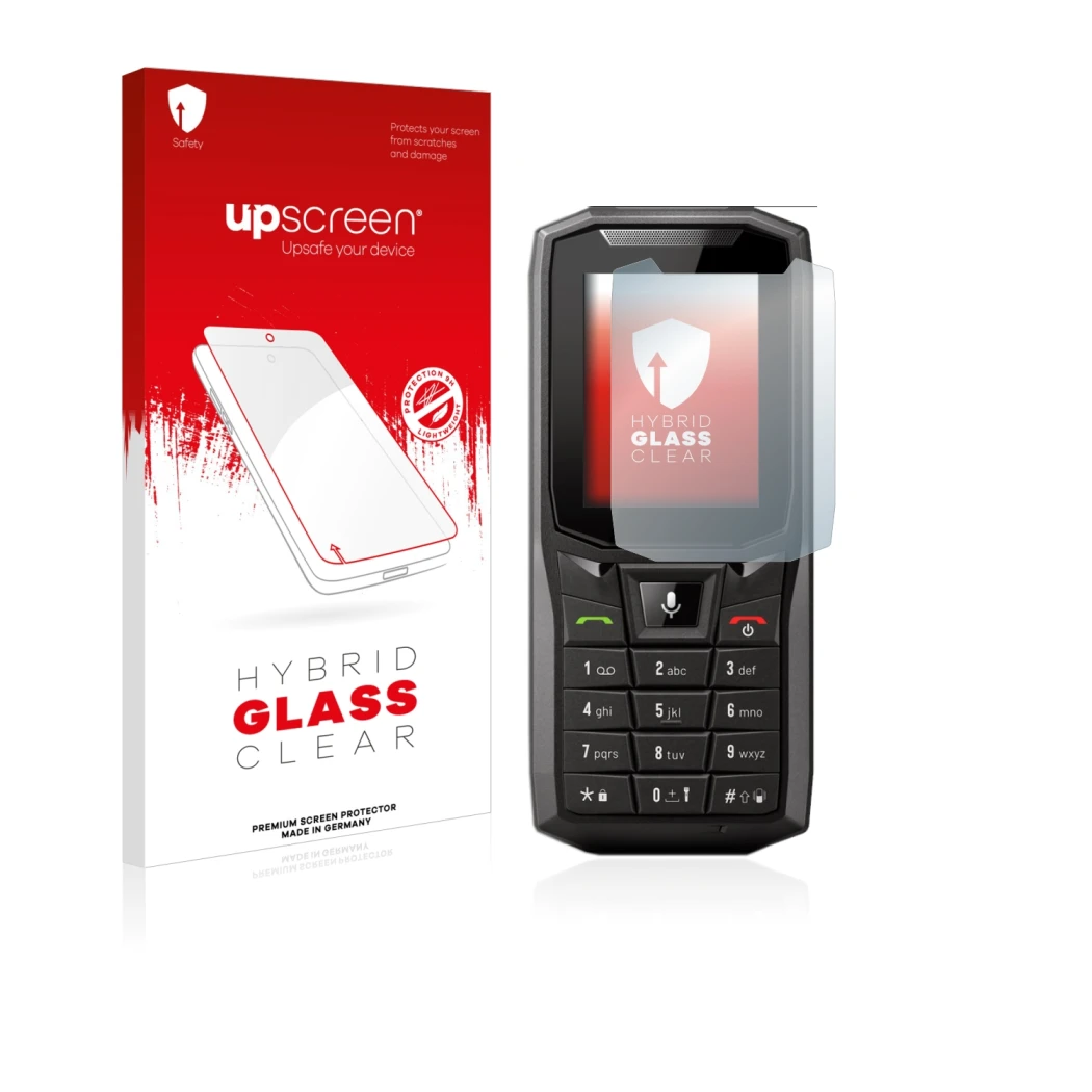 Face avant d’un emballage produit avec le logo de la marque upscreen. À côté, l’appareil Crosscall Core-S4 est représenté avec