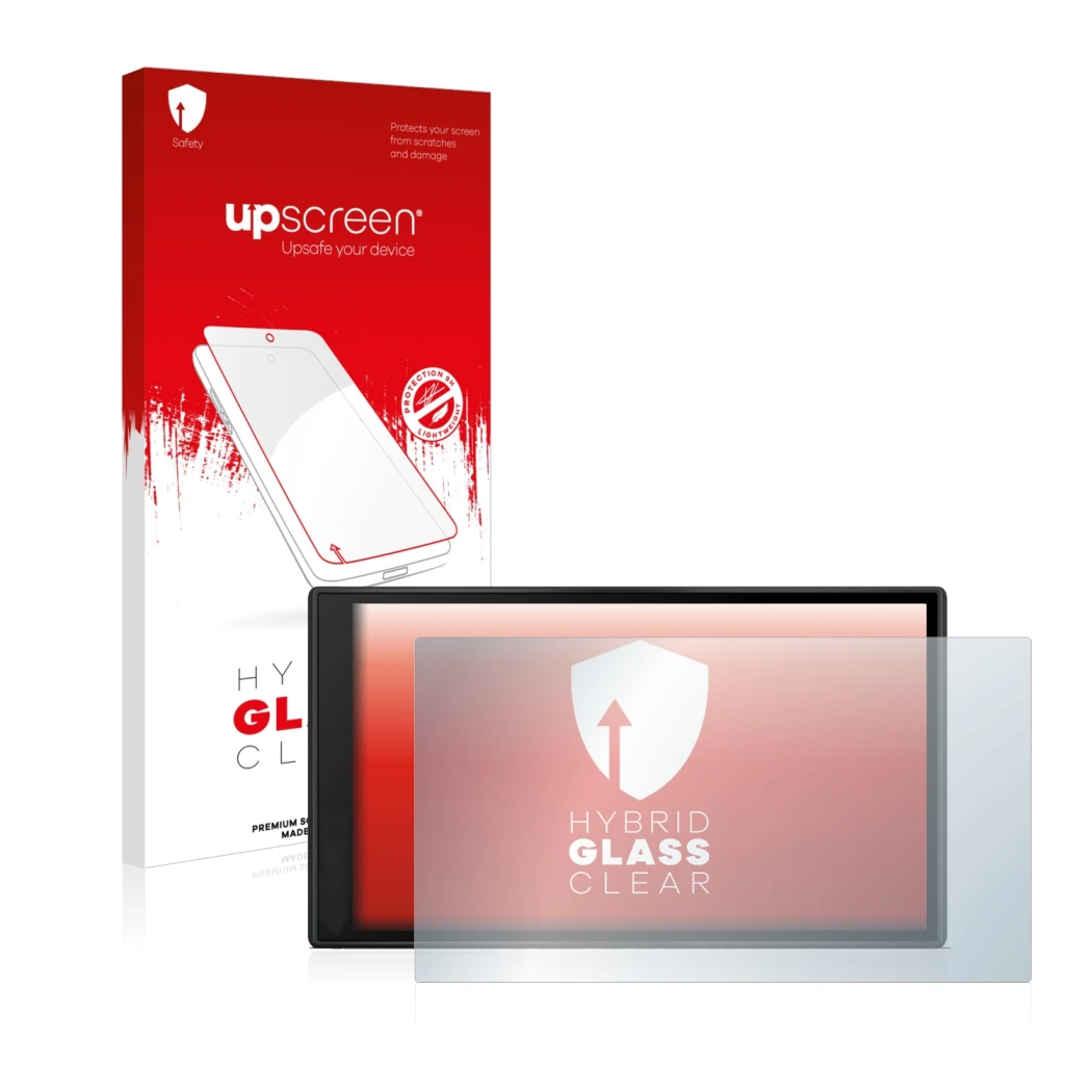 Face avant d’un emballage produit avec le logo de la marque upscreen. À côté, l’appareil Garmin DriveSmart 66 est représenté a