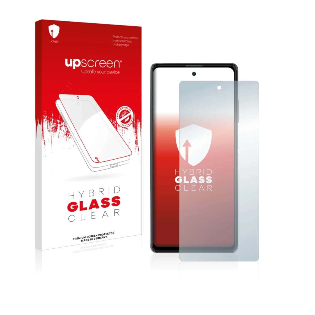 Face avant d’un emballage produit avec le logo de la marque upscreen. À côté, l’appareil Blackview A100 est représenté avec la