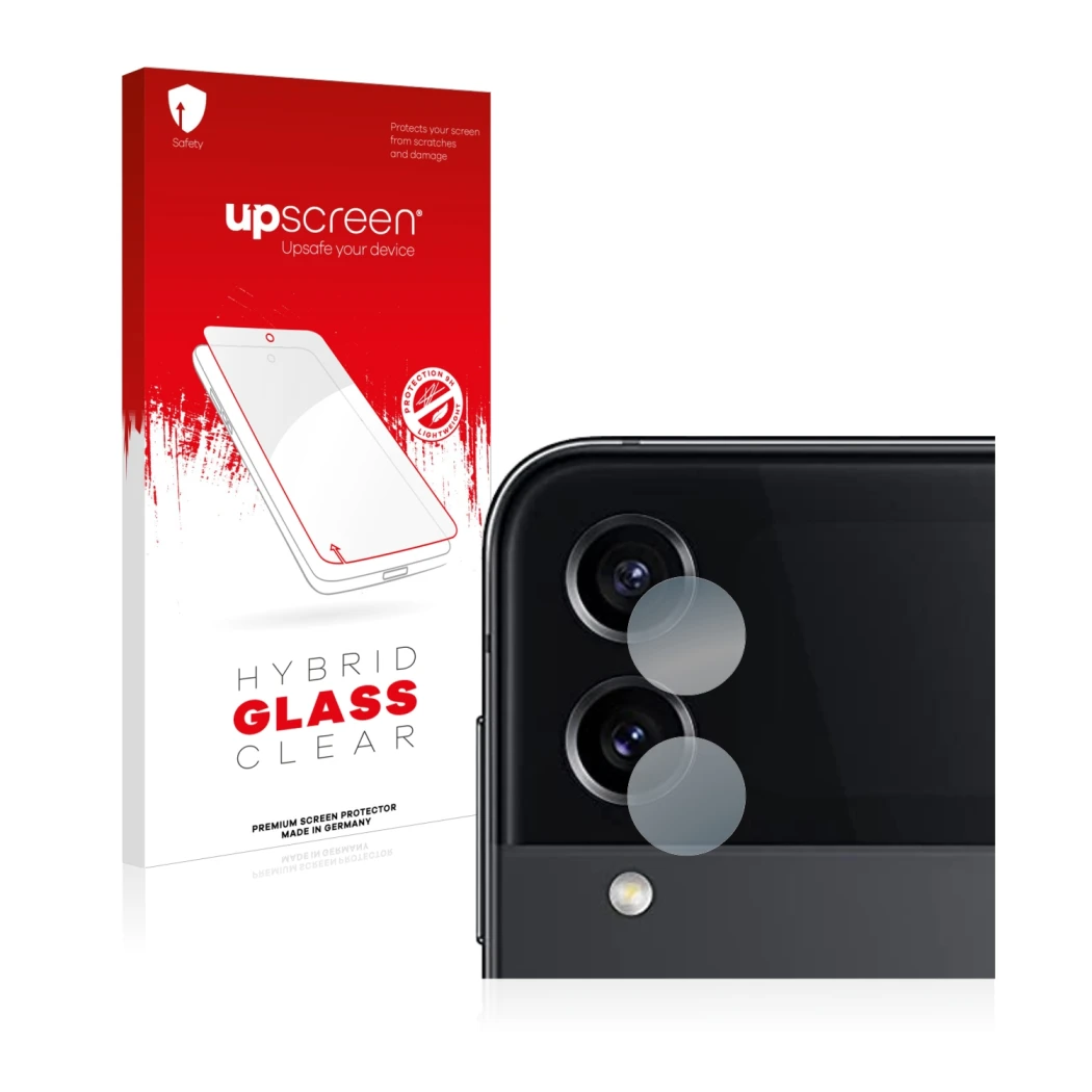 Face avant d’un emballage produit avec le logo de la marque upscreen. À côté, l’appareil Samsung Galaxy Z Flip 4 (Caméra UNIQU