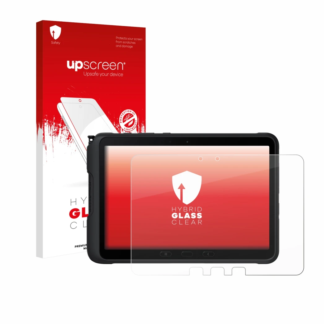 Face avant d’un emballage produit avec le logo de la marque upscreen. À côté, l’appareil Samsung Galaxy Tab Active 4 Pro est r
