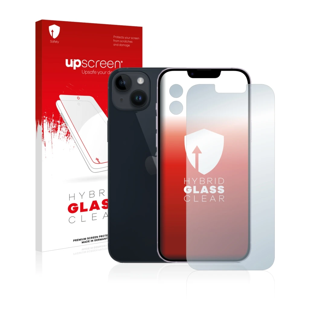 Face avant d’un emballage produit avec le logo de la marque upscreen. À côté, l’appareil Apple iPhone 14 Plus (Avant+Caméra) e