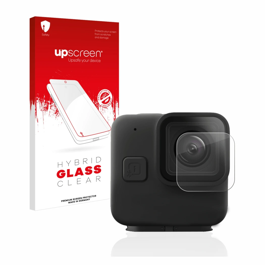 Face avant d’un emballage produit avec le logo de la marque upscreen. À côté, l’appareil GoPro Hero 11 mini Lentille (Caisse) 