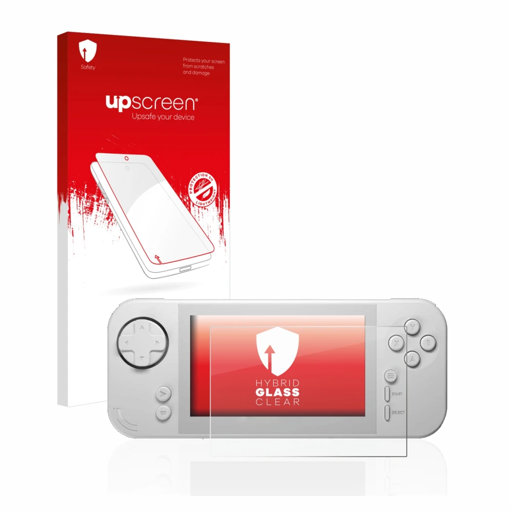 Face avant d’un emballage produit avec le logo de la marque upscreen. À côté, l’appareil Evercade EXP est représenté avec la p