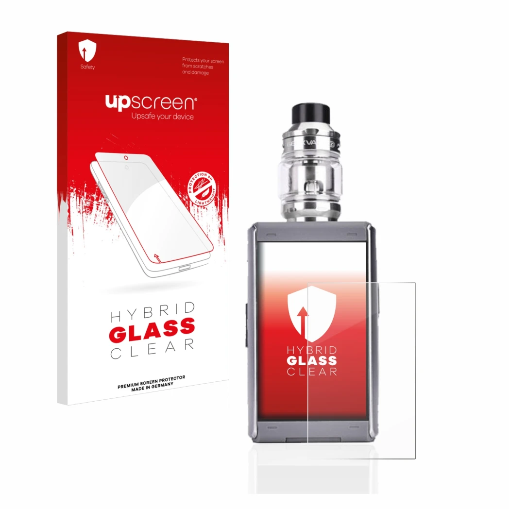 Face avant d’un emballage produit avec le logo de la marque upscreen. À côté, l’appareil GeekVape T200 est représenté avec la