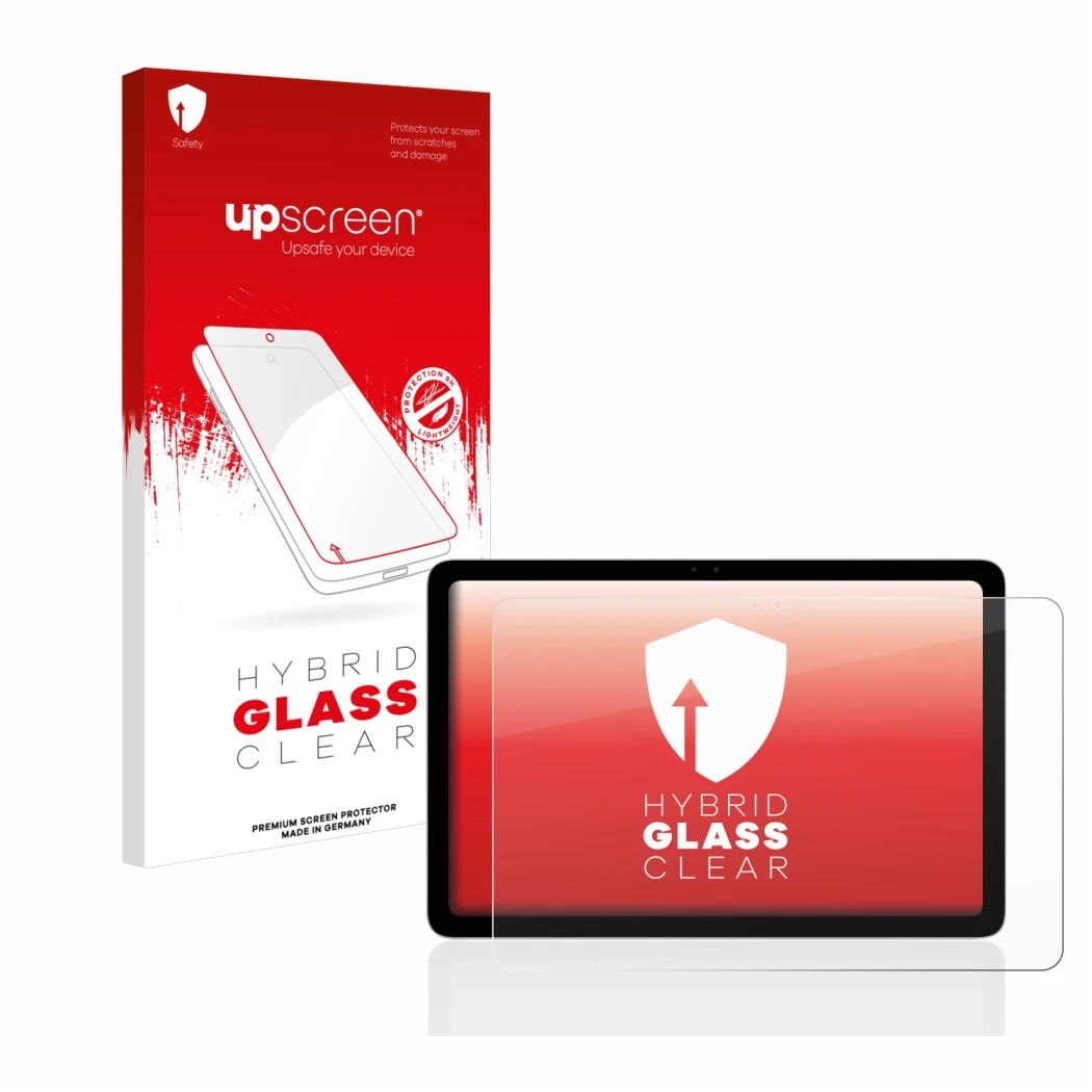 Face avant d’un emballage produit avec le logo de la marque upscreen. À côté, l’appareil Google Pixel Tablet est représenté av