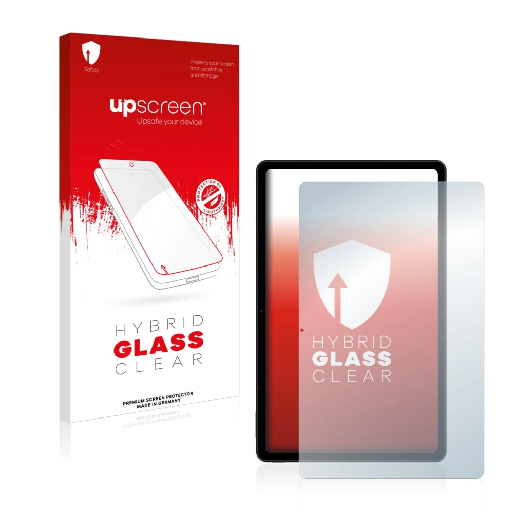 Face avant d’un emballage produit avec le logo de la marque upscreen. À côté, l’appareil Xiaomi Redmi Pad est représenté avec