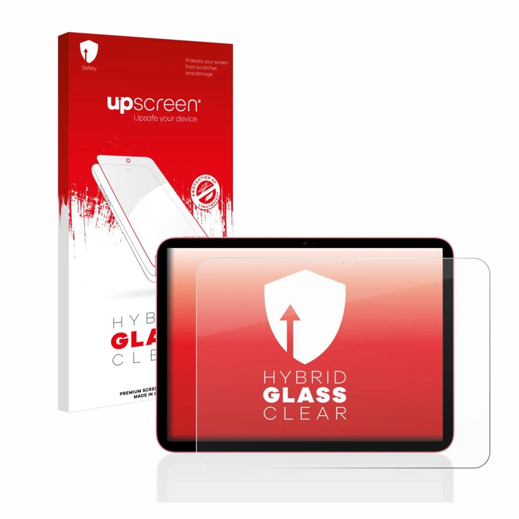Face avant d’un emballage produit avec le logo de la marque upscreen. À côté, l’appareil Apple iPad 10.9