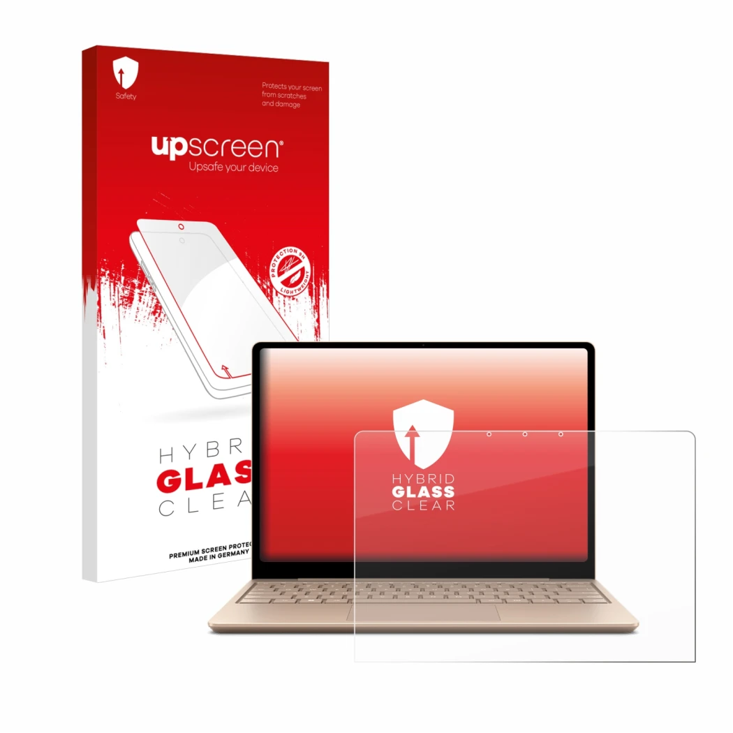 Face avant d’un emballage produit avec le logo de la marque upscreen. À côté, l’appareil Microsoft Surface Laptop Go 2 Busines