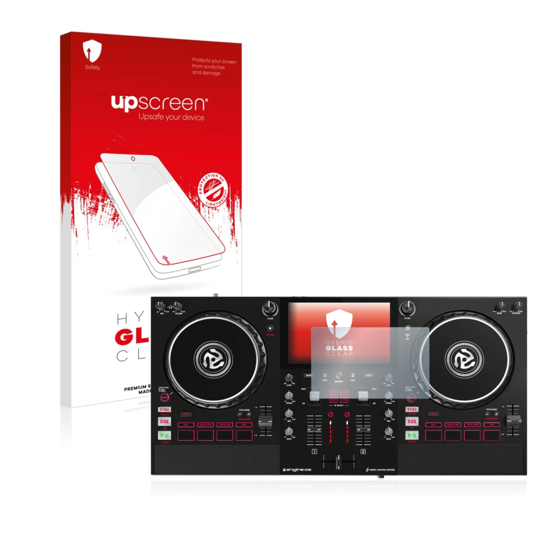 Face avant d’un emballage produit avec le logo de la marque upscreen. À côté, l’appareil Numark Mixstream Pro est représenté a