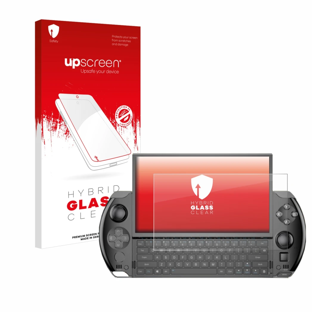 Face avant d’un emballage produit avec le logo de la marque upscreen. À côté, l’appareil GPD Win 4 est représenté avec la prot