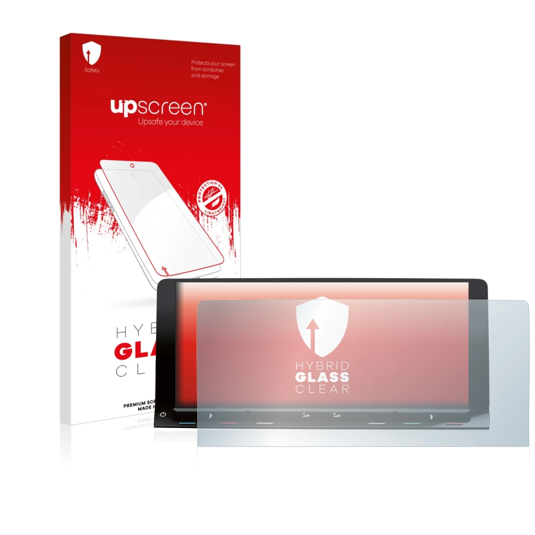 Face avant d’un emballage produit avec le logo de la marque upscreen. À côté, l’appareil Volkswagen T7 Multivan Life Discover 