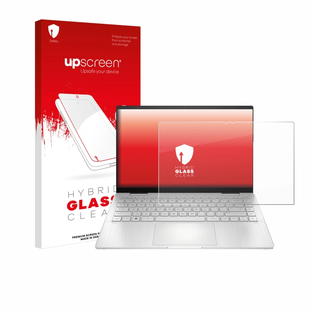Face avant d’un emballage produit avec le logo de la marque upscreen. À côté, l’appareil HP Pavilion x360 2-in-1 (14-ekX) est