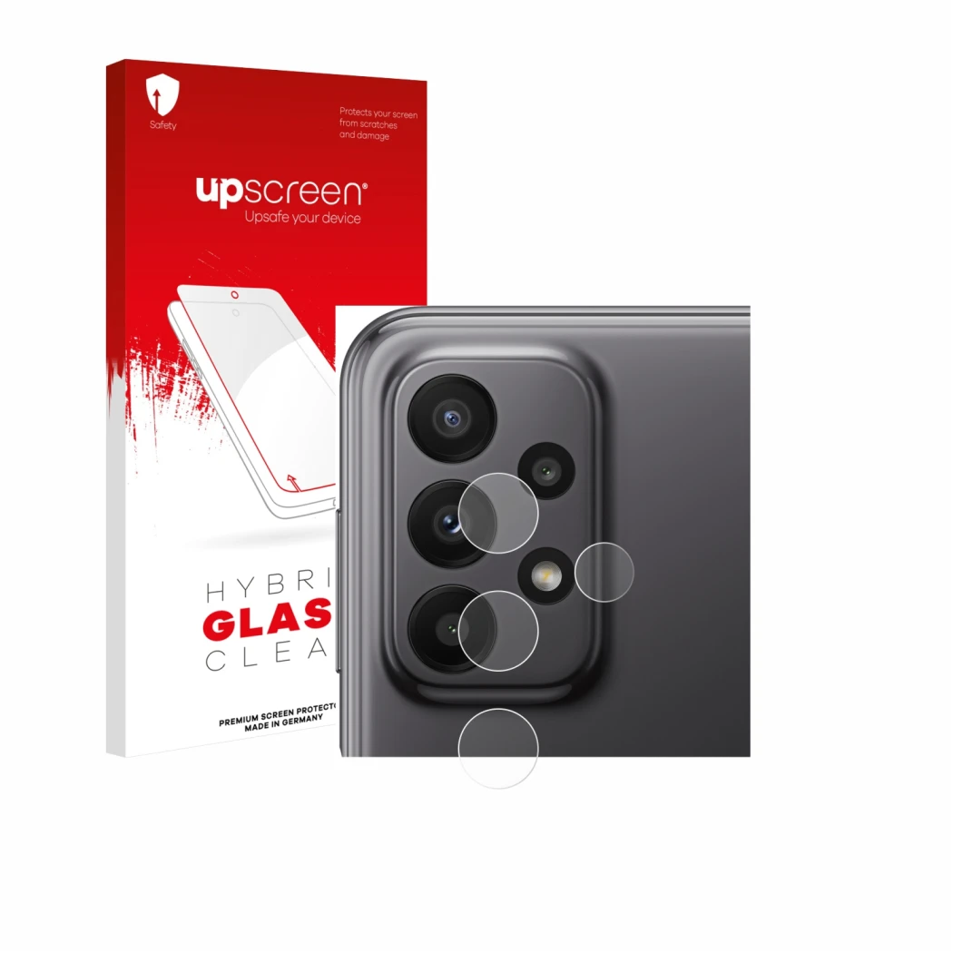 Face avant d’un emballage produit avec le logo de la marque upscreen. À côté, l’appareil Samsung Galaxy A23 5G (Caméra UNIQUEM