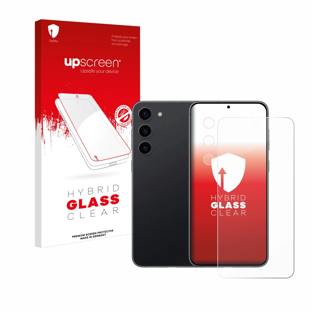 Face avant d’un emballage produit avec le logo de la marque upscreen. À côté, l’appareil Samsung Galaxy S23 (Avant+Caméra) est