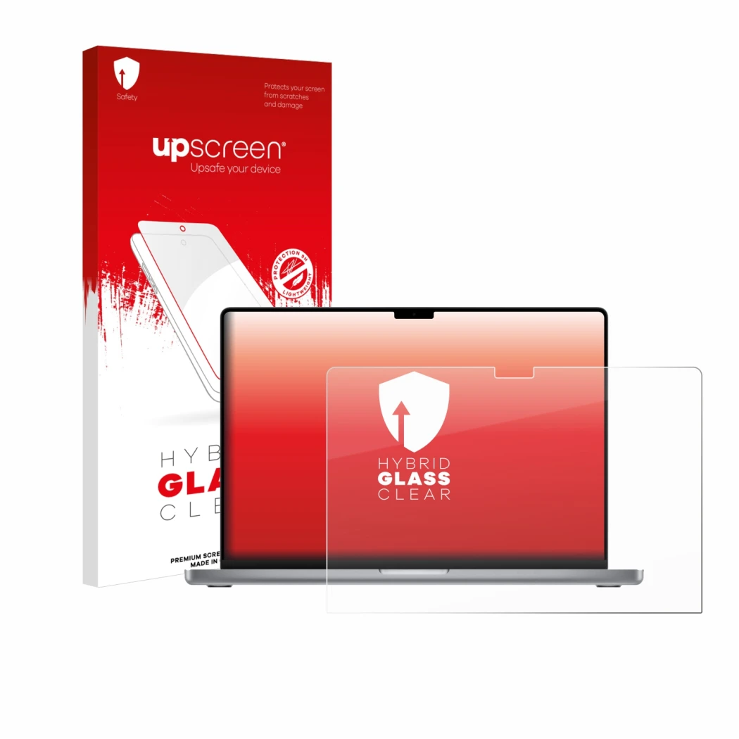 Face avant d’un emballage produit avec le logo de la marque upscreen. À côté, l’appareil Apple MacBook Pro 16