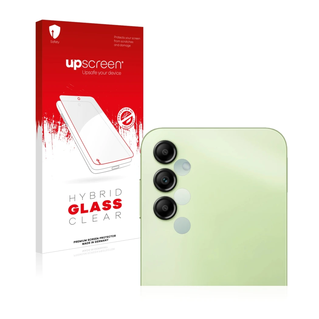 Face avant d’un emballage produit avec le logo de la marque upscreen. À côté, l’appareil Samsung Galaxy A14 5G (Caméra UNIQUEM