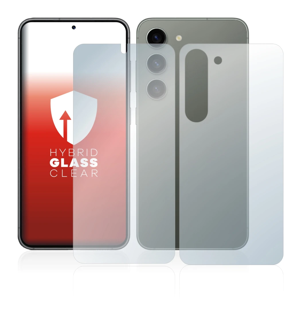 Image de l'appareil Samsung Galaxy S23 (Avant+Arrière) avec une grande variété de protections d'écran.