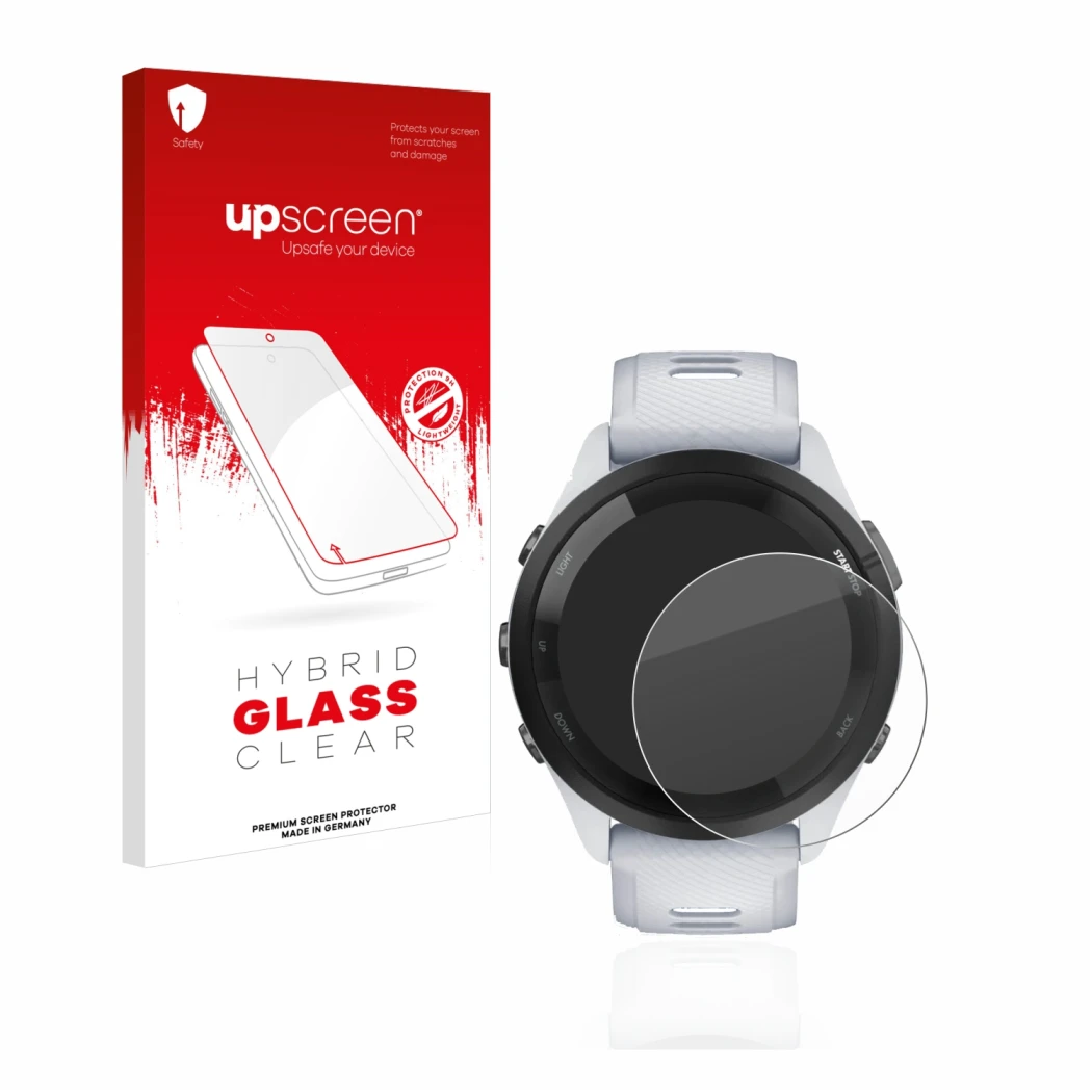 Face avant d’un emballage produit avec le logo de la marque upscreen. À côté, l’appareil Garmin Forerunner 265 (46 mm) est rep