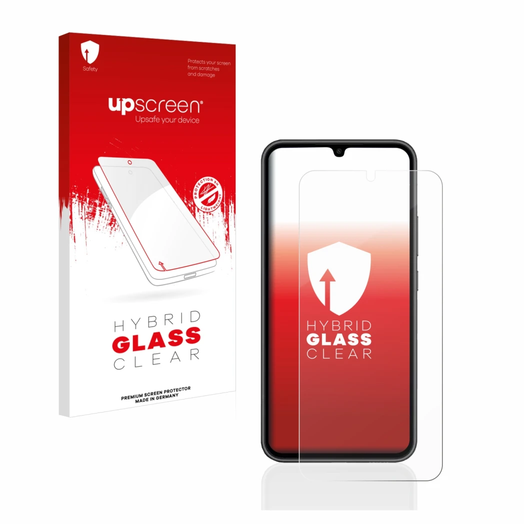 Face avant d’un emballage produit avec le logo de la marque upscreen. À côté, l’appareil Samsung Galaxy A34 5G est représenté 