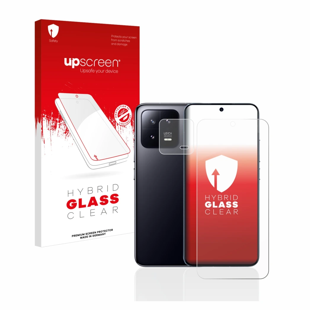 Face avant d’un emballage produit avec le logo de la marque upscreen. À côté, l’appareil Xiaomi 13 (Avant+Caméra) est représen