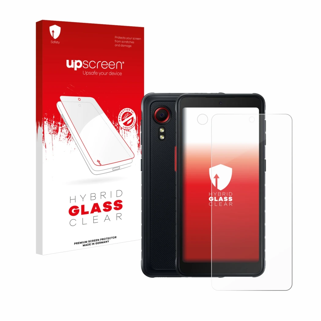 Face avant d’un emballage produit avec le logo de la marque upscreen. À côté, l’appareil Samsung Galaxy XCover 5 Enterprise Ed