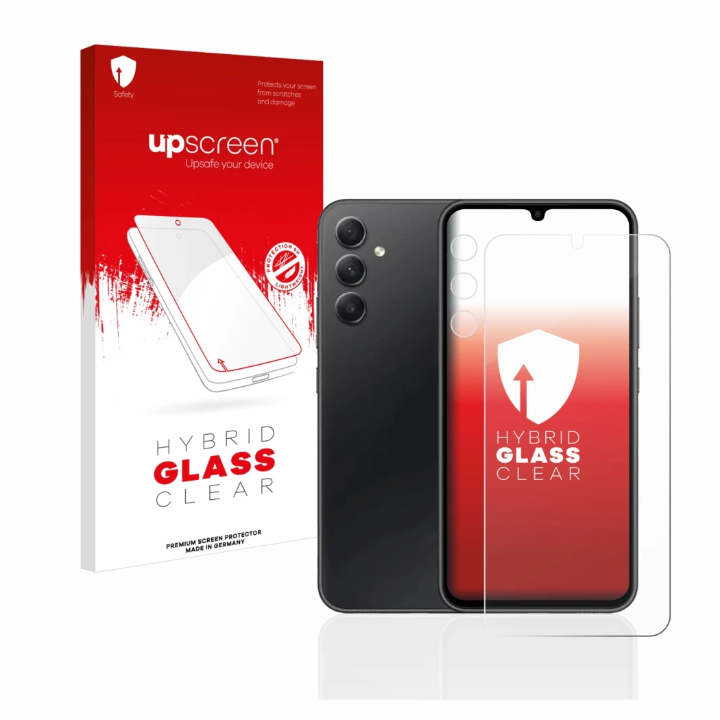 Face avant d’un emballage produit avec le logo de la marque upscreen. À côté, l’appareil Samsung Galaxy A34 5G (Avant+Caméra)
